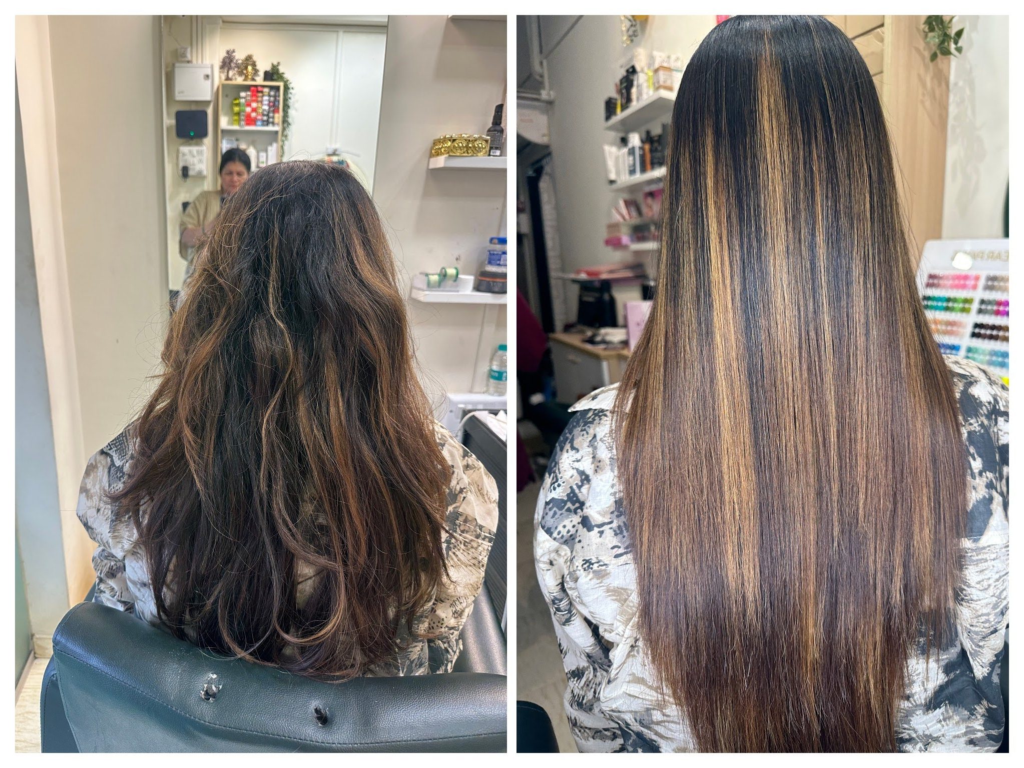 Before and after image of a woman's hair, showcasing a dramatic transformation from frizzy, wavy, and dull to sleek, smooth, and shiny with enhanced highlights after a professional salon treatment at Seema's Hair & Skin Clinique.
